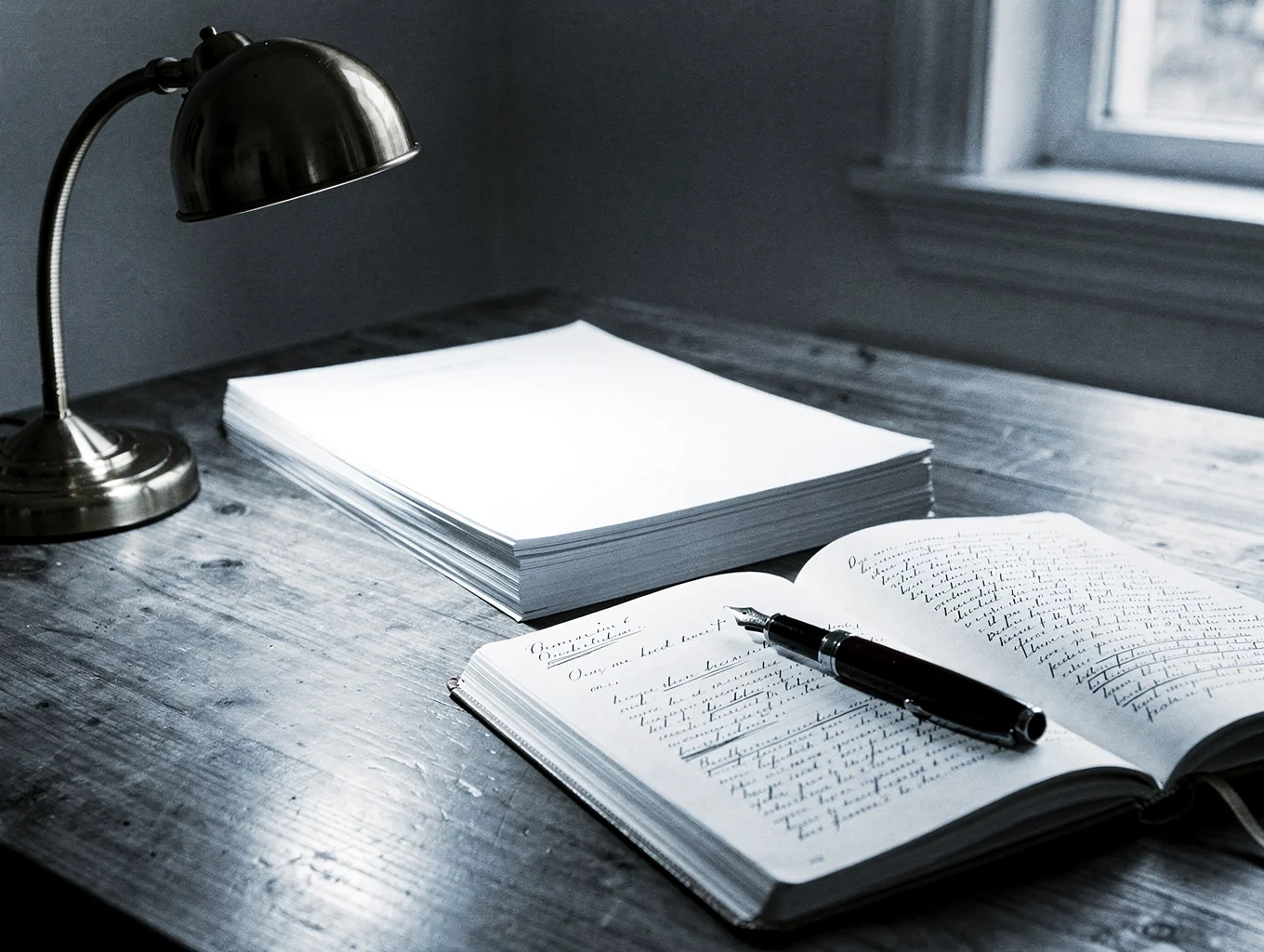 Monochrome desk with open trading study notebooks, drafting tools, and architectural pens